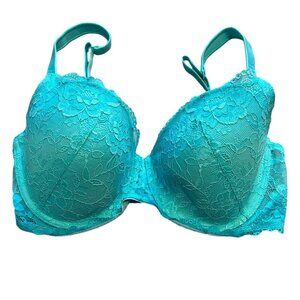 3/$25 La Senza Turquoise Blue Underwire Bra Lace Overlay Sz34DD Lined Adjustable